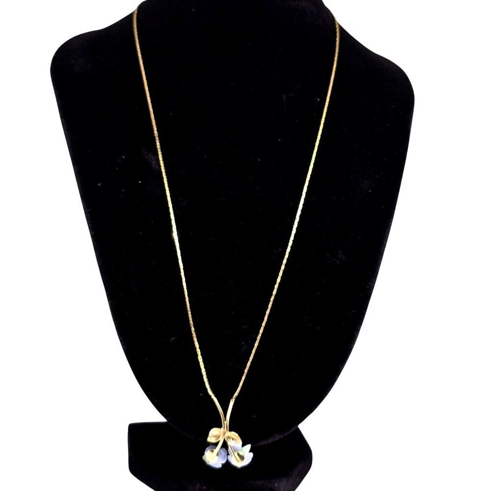 Gold Tone Floral‎ Y Necklace Pastel Flowers Vintage Style 1990s